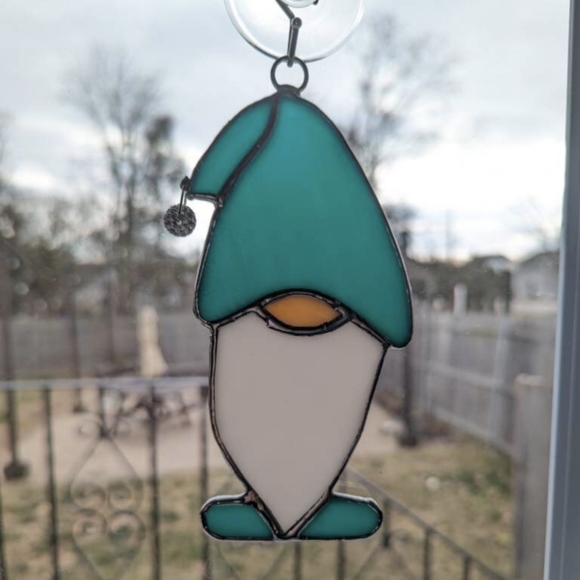 Handmade Blue Gnome Stained Glass Suncatcher Ornament with Blue Hat - Picture 4 of 5